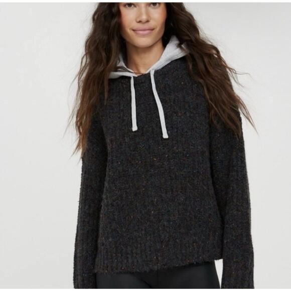 Aerie Offline Ribbed Knit Hooded Knit Sweater Charcoal Heather Gray Size Large - Picture 1 of 11